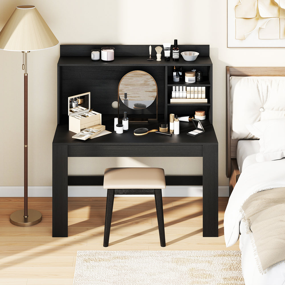 Modern black computer desk with hutch and storage shelves, featuring a sleek design and ample workspace for.