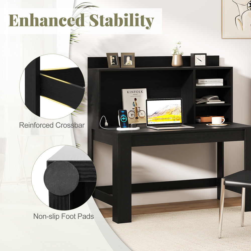 Modern black computer desk with hutch, featuring storage shelves, reinforced crossbar, and non-slip foot pads for.