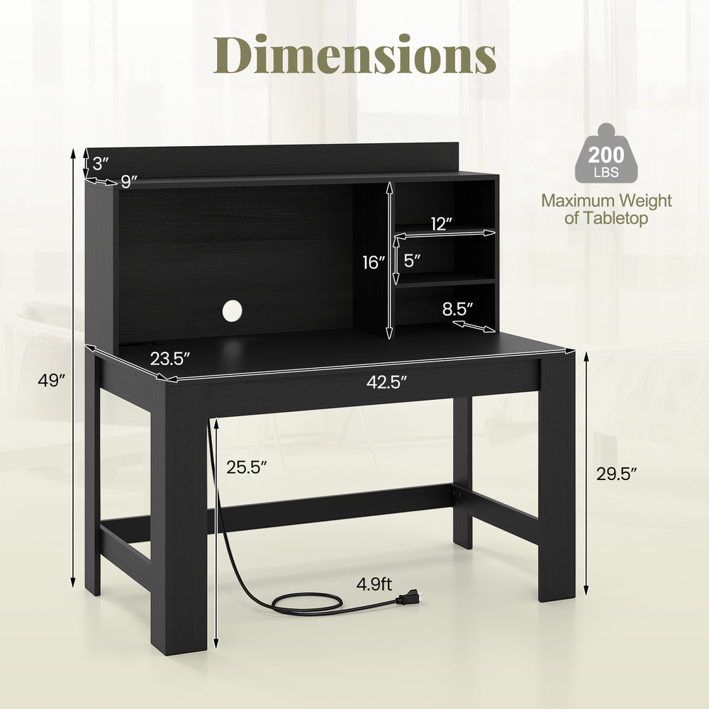 Modern black computer desk with hutch, featuring 3 storage shelves and built-in charging station for efficient.