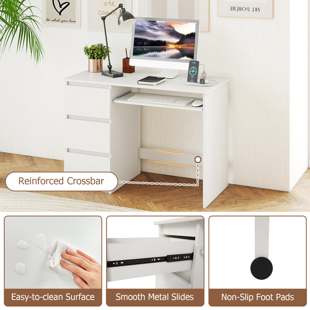Computer desk in white with keyboard tray, 3 drawers, and built-in power outlet for home office organization.