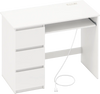 White computer desk featuring a power outlet, keyboard tray, and three large drawers for organized workspace.