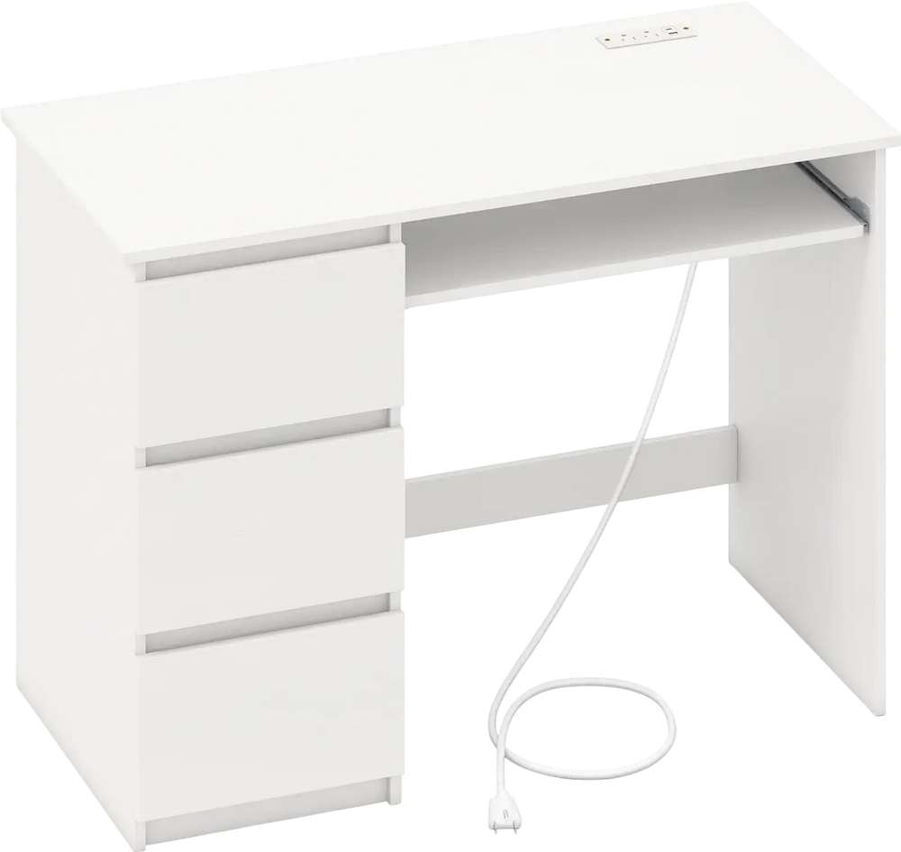 White computer desk featuring a power outlet, keyboard tray, and three large drawers for organized workspace.