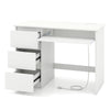 White computer desk featuring a keyboard tray, three large drawers, and a built-in power outlet for versatile use.