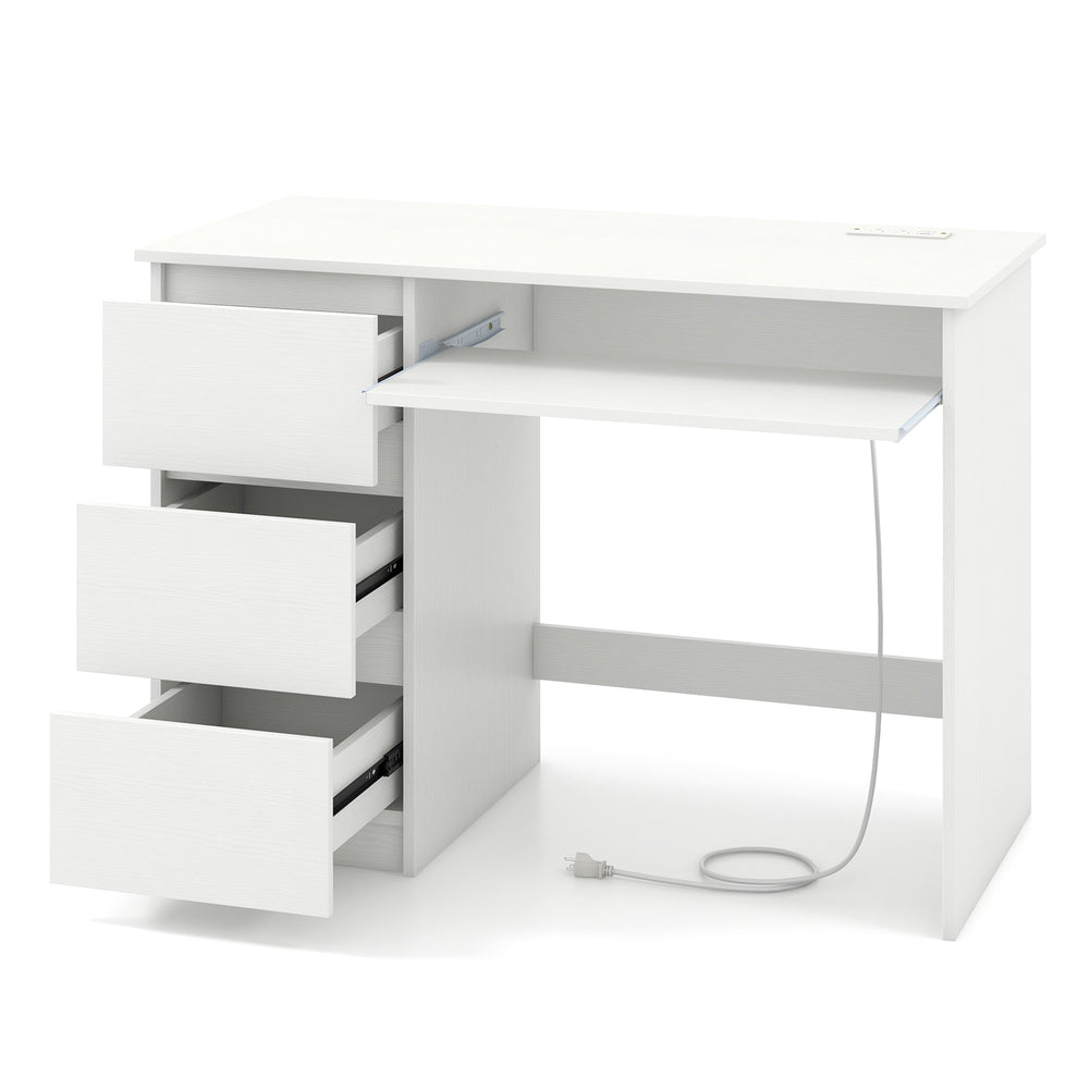 White computer desk featuring a keyboard tray, three large drawers, and a built-in power outlet for versatile use.