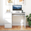 Computer desk in white with keyboard tray, three drawers, and built-in power outlet for home office organization.