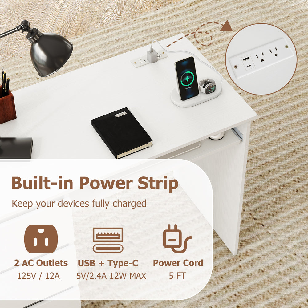 Computer desk with built-in power outlet, featuring 2 AC outlets and USB ports for convenient charging in white finish.