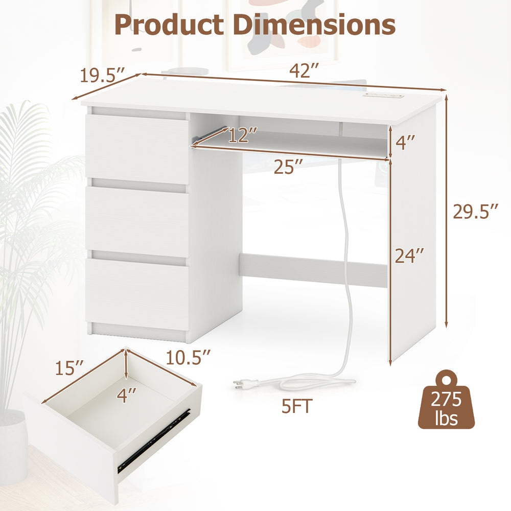 Dimensions of the white computer desk with power outlet, keyboard tray, and three large drawers for versatile use.