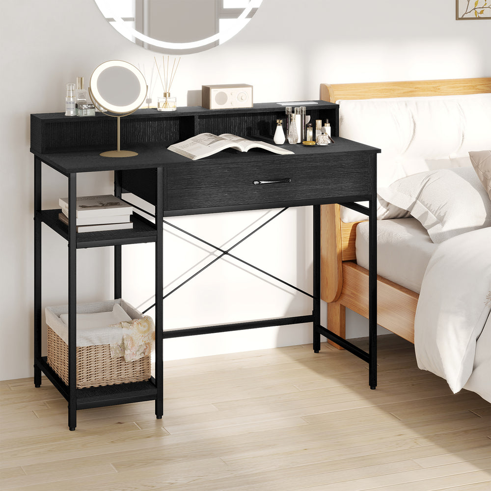 Computer Desk with Power Outlets 42inch Writing Desk with Hutch Drawer and 2 Open Shelves-Black - Gallery View 1 of 10