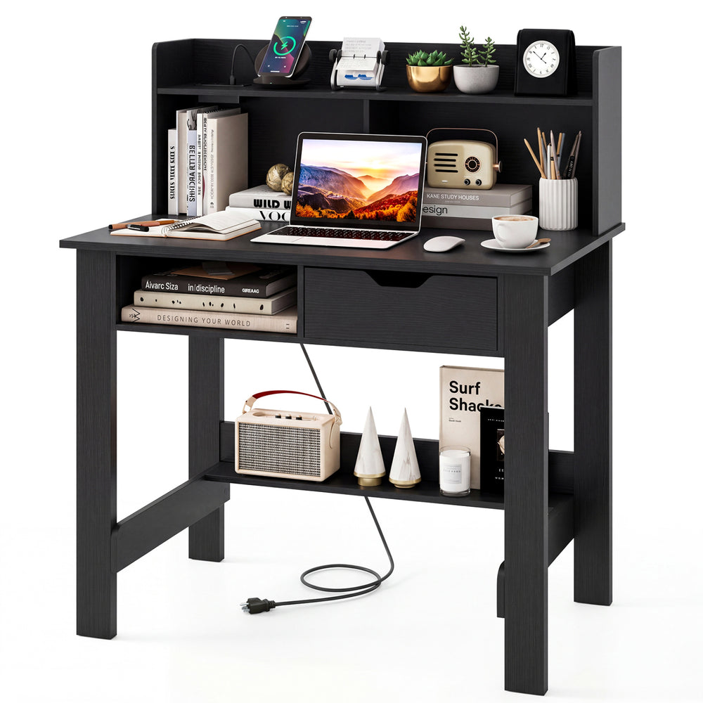 Computer desk in black featuring power outlets, USB ports, and a spacious hutch for organized workspace in any room.