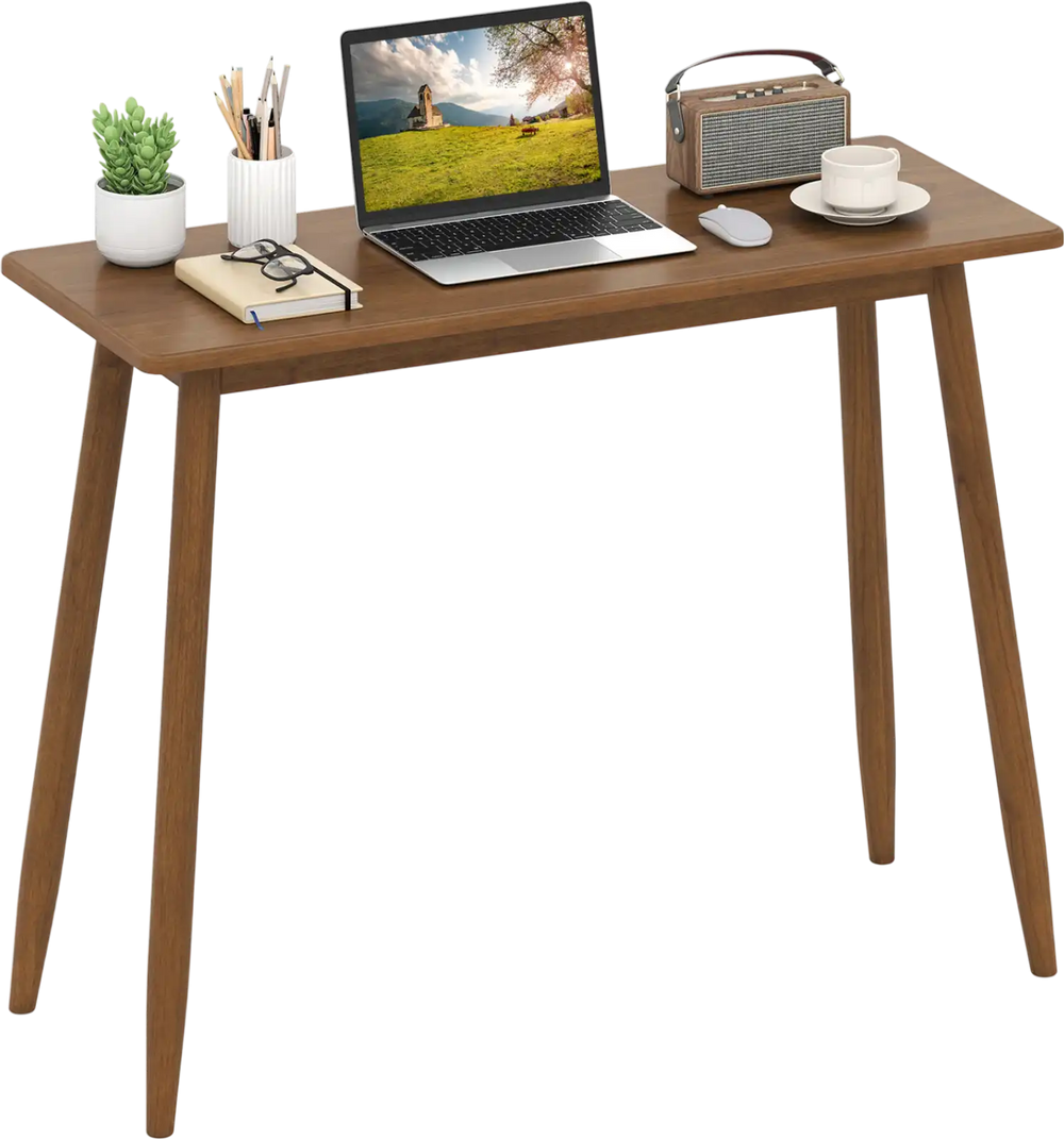 Walnut computer desk with rubber wood legs features a spacious tabletop, ideal for studying, gaming, or dining.