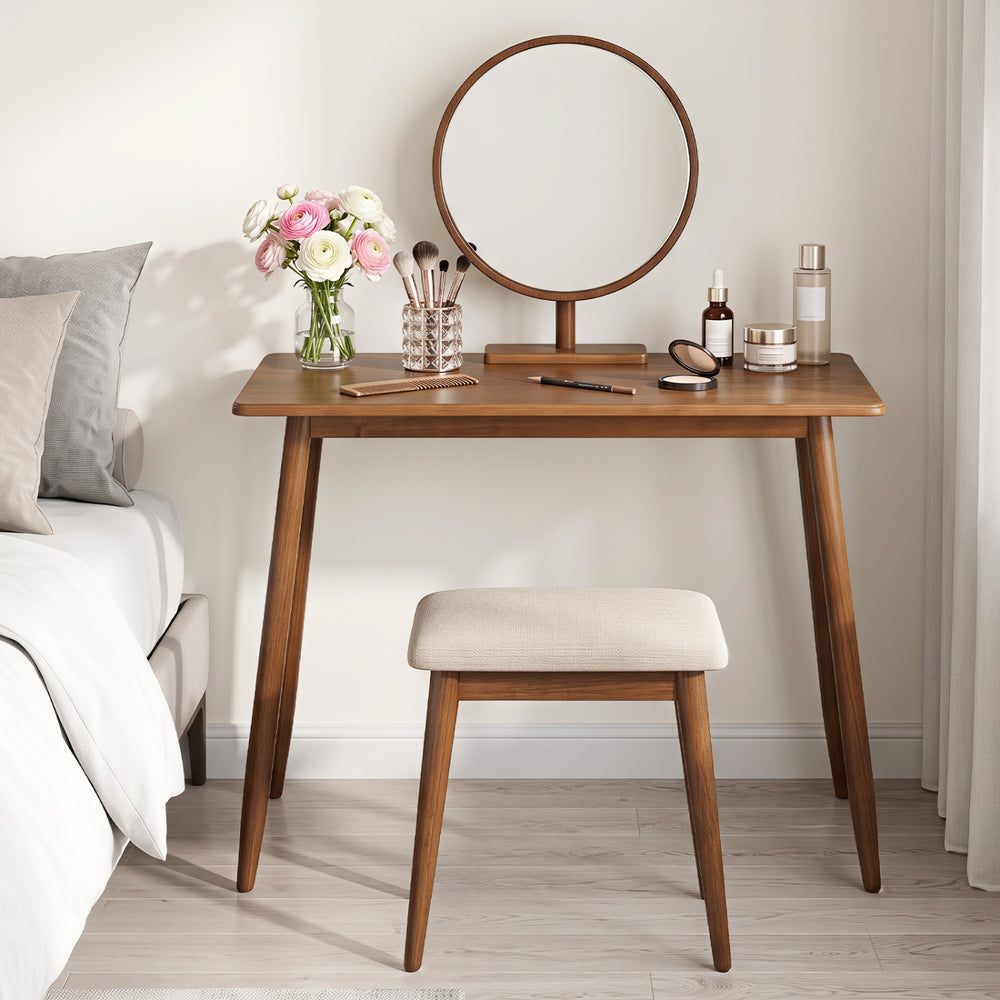 Walnut computer desk with rubber wood legs features a spacious tabletop, ideal for makeup or study in any room.