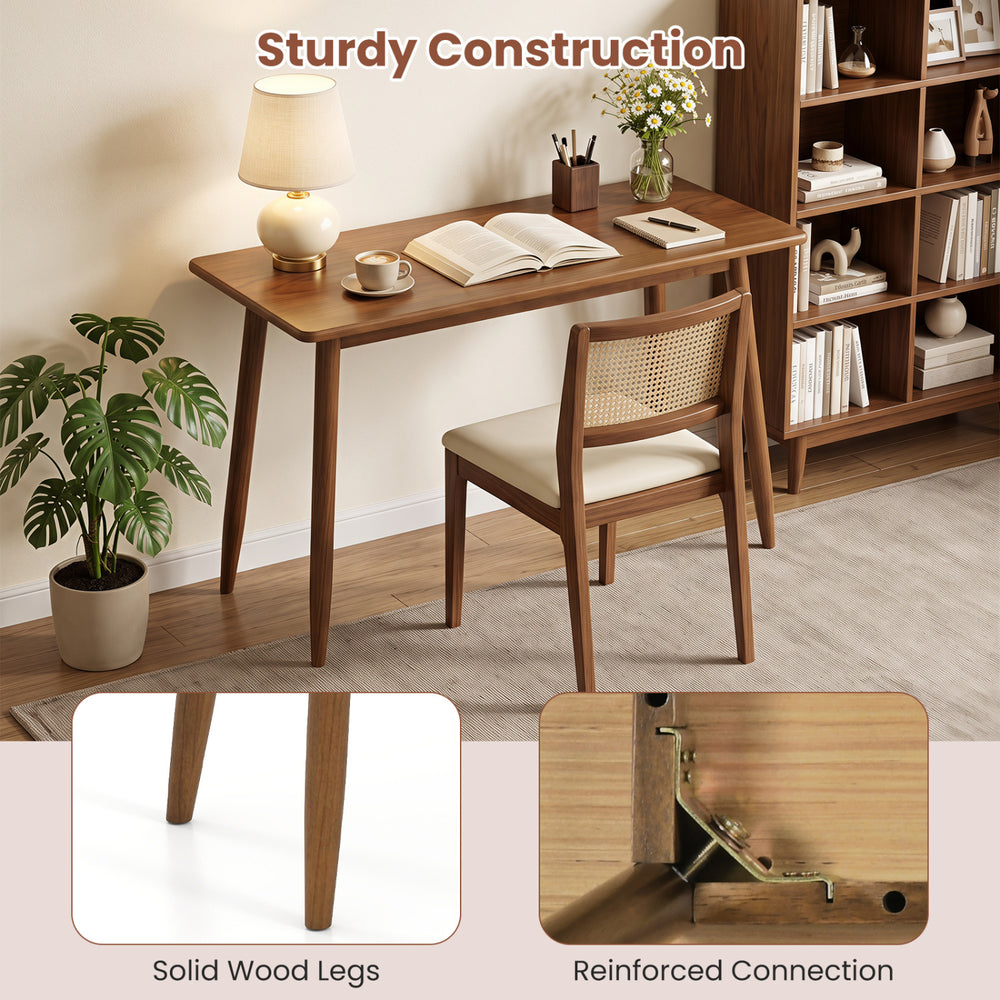 Computer desk with rubber wood legs features a spacious walnut tabletop, ideal for studying, gaming, or dining.