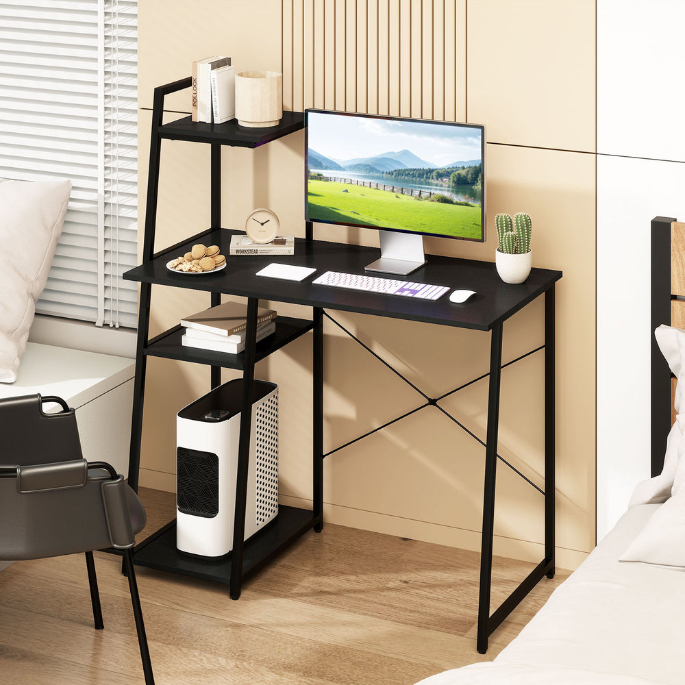 Computer Desk with Shelves and 3-Tier Storage Bookshelf-Black - Gallery View 1 of 9