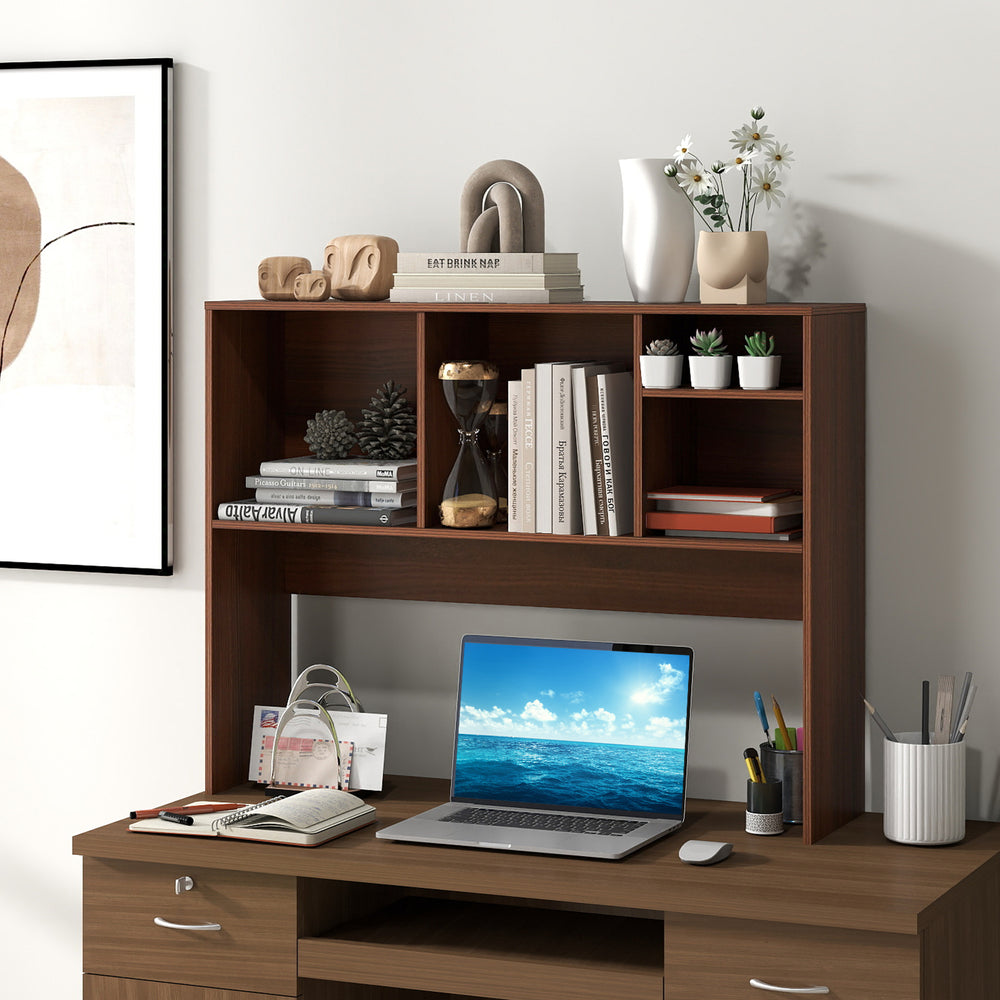 Computer Desktop Bookcase with 4 Cubbies and Open Back Compartment-Walnut - Gallery View 1 of 9