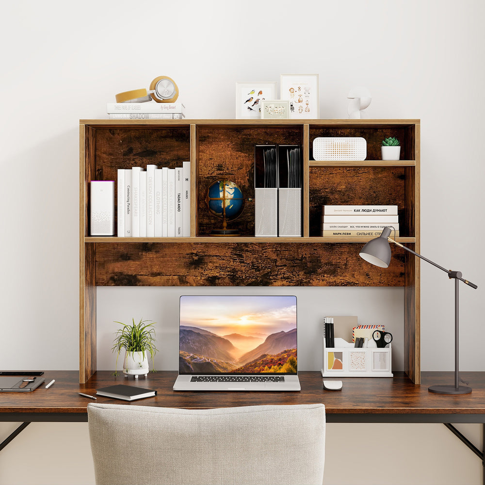 Computer desktop bookcase in coffee finish with 4 cubbies and open back compartment for ample storage and stability.