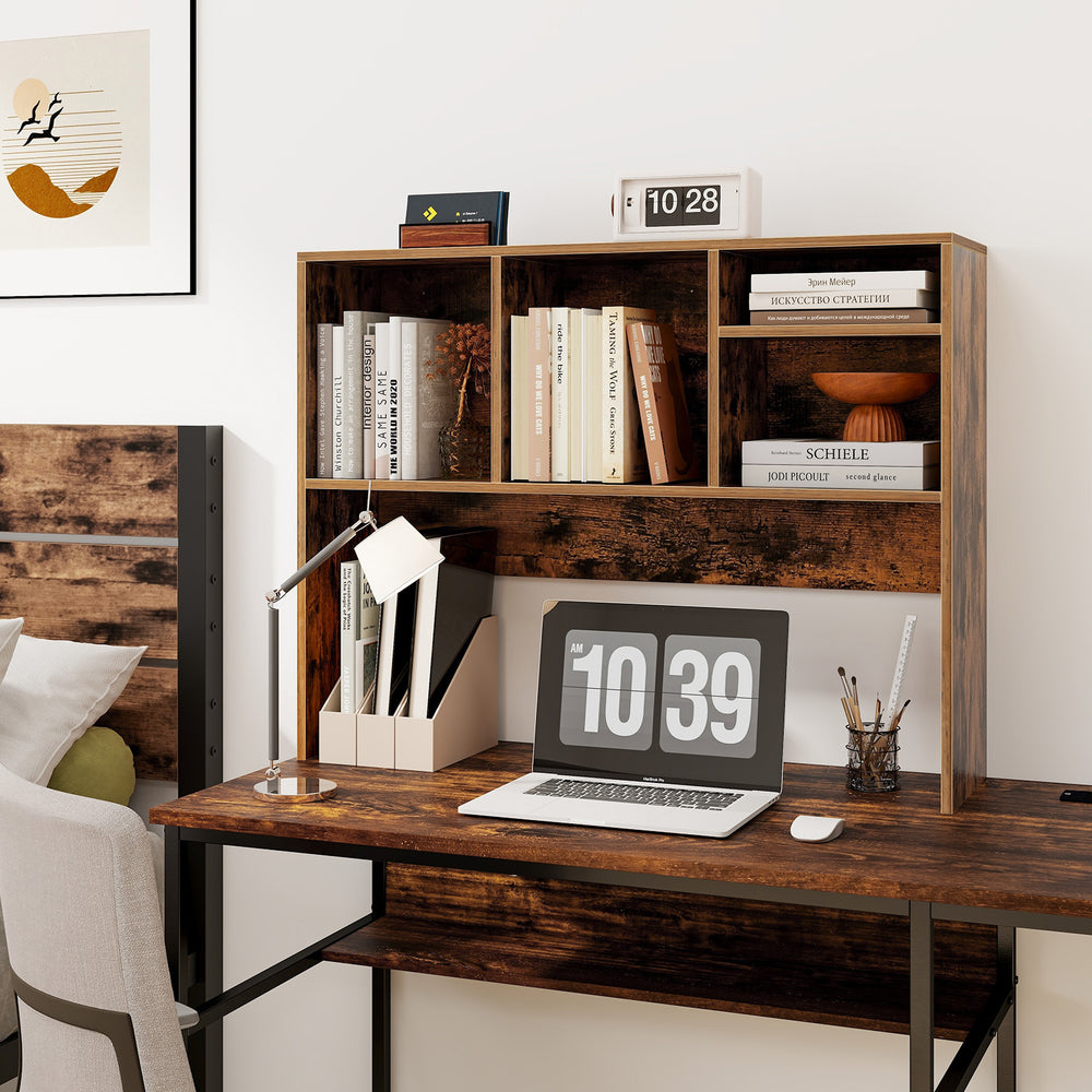 Computer desktop bookcase in coffee finish featuring a wide top and non-slip pads for added stability and scratch.