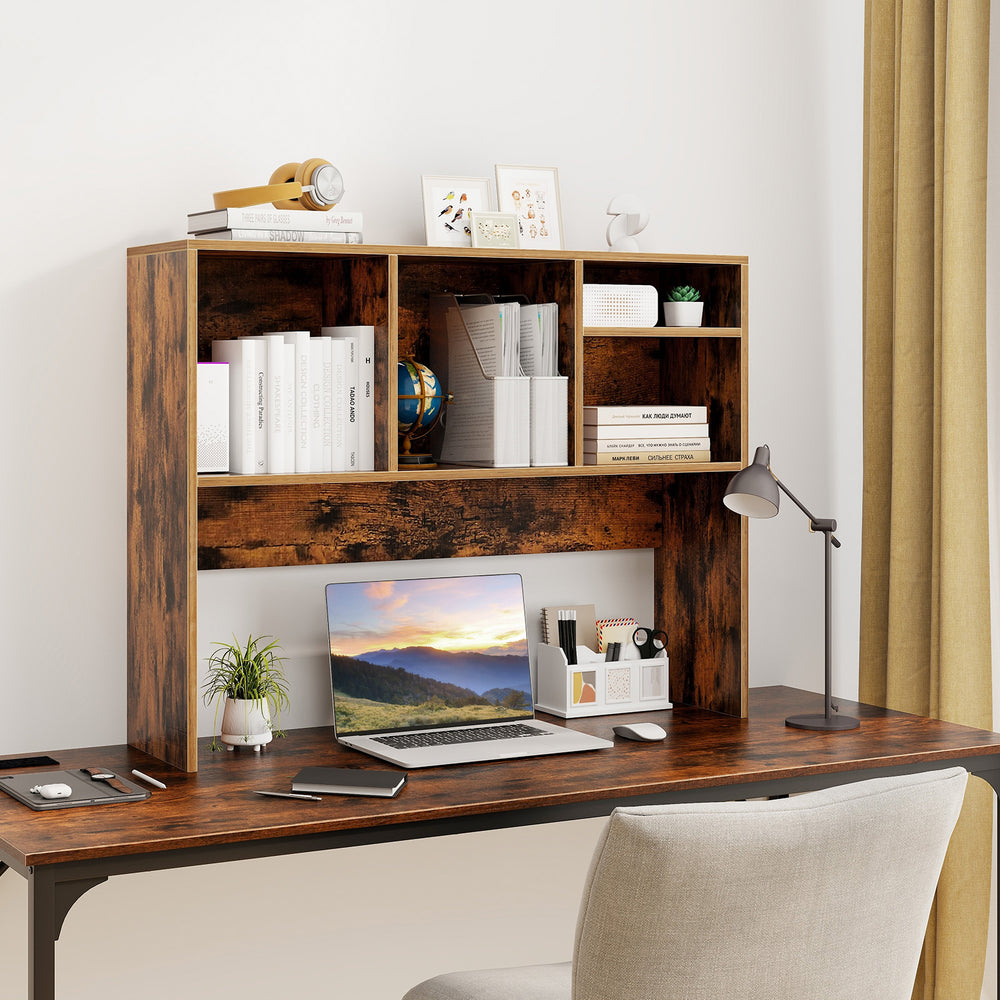 Computer desktop bookcase in coffee finish with a wide top and easy assembly, featuring four storage cubbies for.