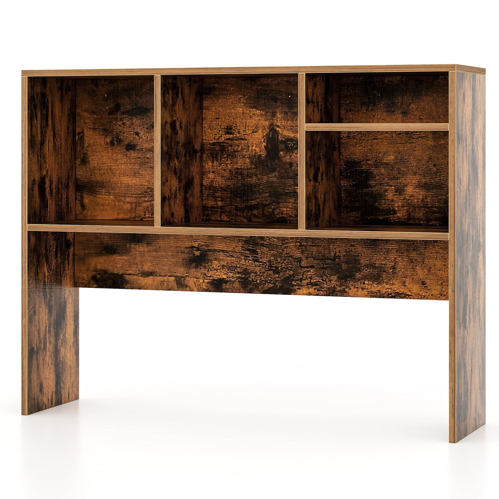 Computer desktop bookcase in coffee finish displaying open back compartment and sturdy construction with a wide top.