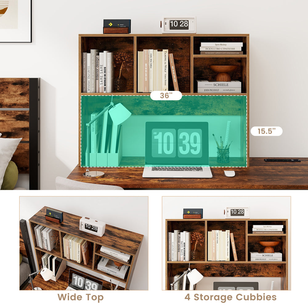 Computer desktop bookcase in coffee with 4 cubbies, wide top, and open back compartment for ample storage.