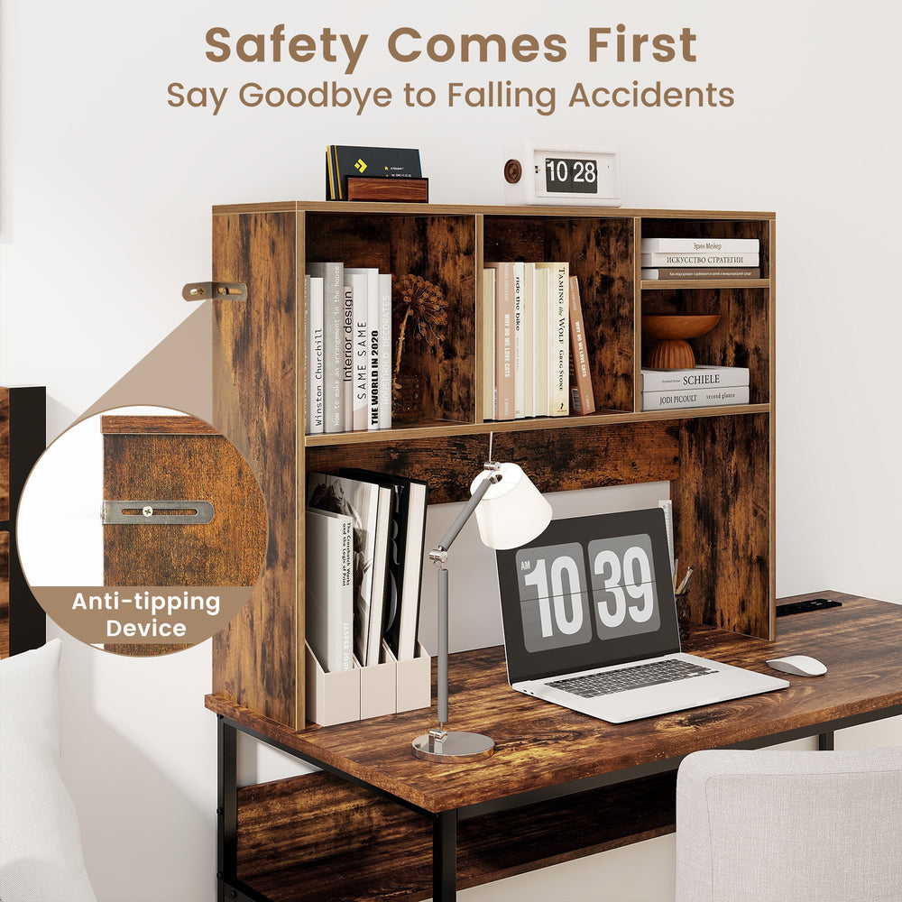 Computer desktop bookcase in coffee finish with 4 cubbies and anti-tipping device for enhanced stability and safety.