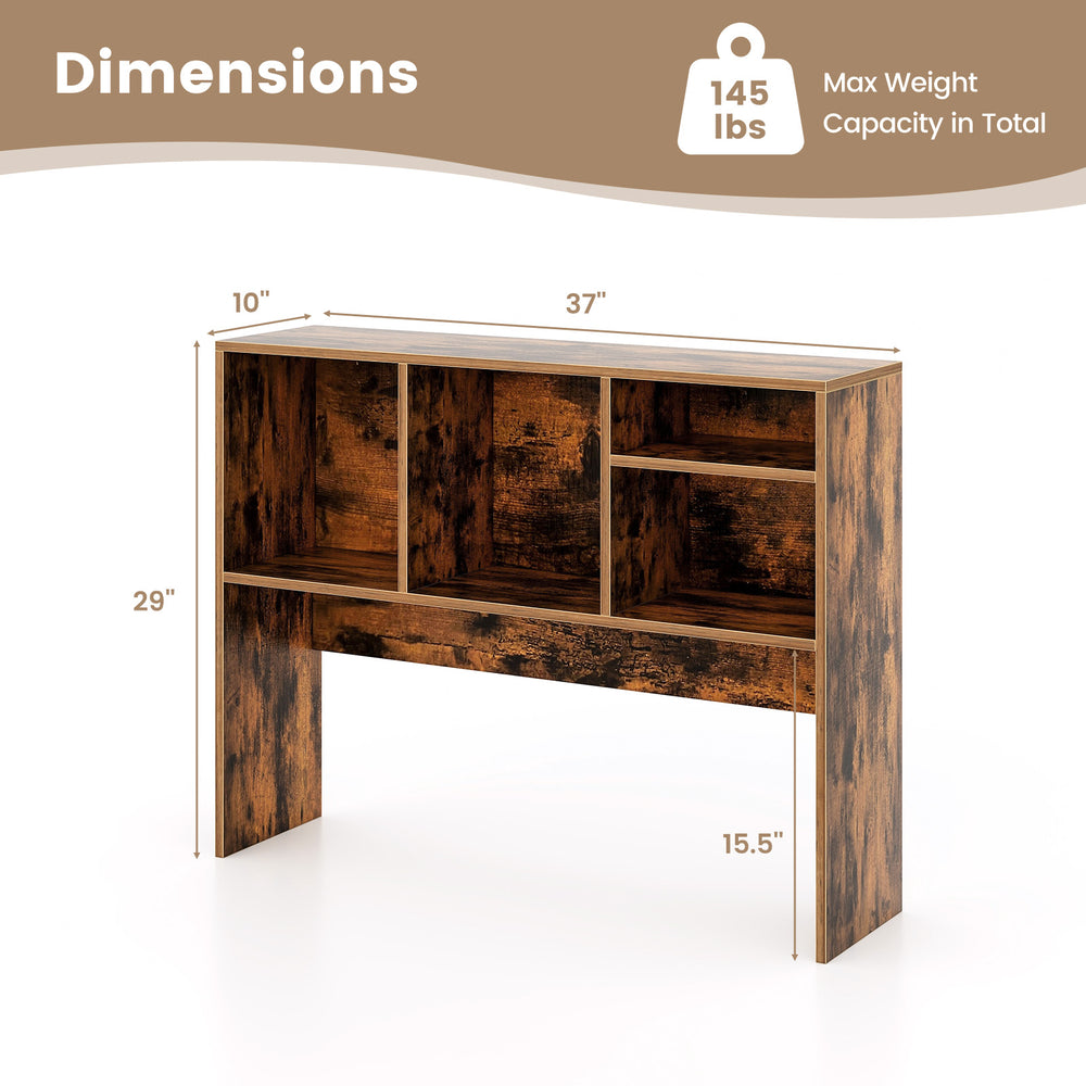 Computer desktop bookcase in coffee finish, featuring 4 cubbies and open back compartment for ample storage.