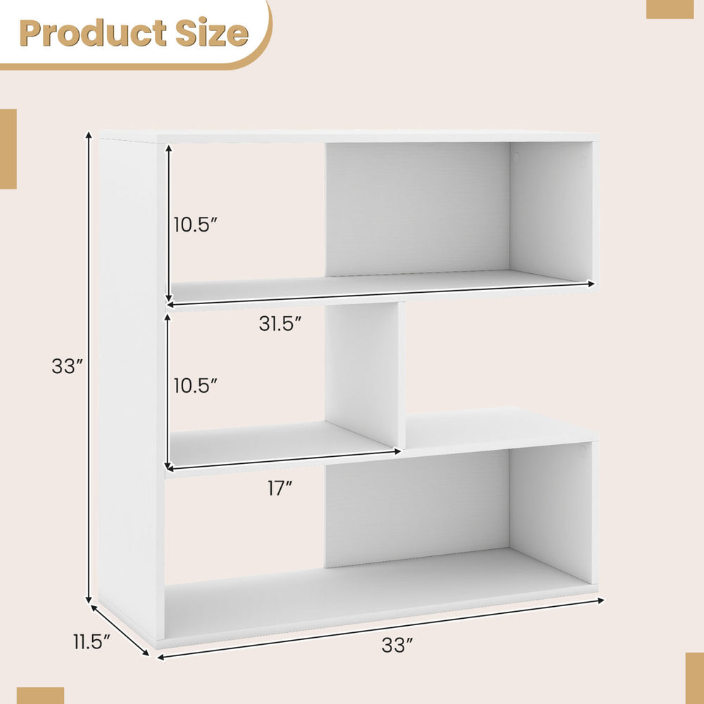 Concave bookshelf in white features 3 open shelves, anti-toppling devices, and a geometric design for versatile storage.