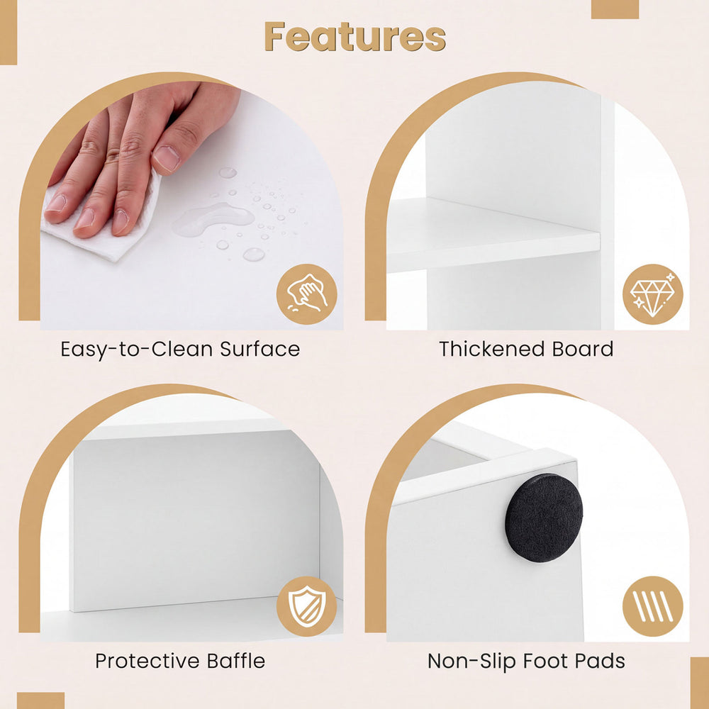 Features of the white Concave & Convex bookshelf include an easy-to-clean surface, protective baffle, and non-slip foot pads.