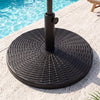 Concrete patio umbrella base with faux rattan pattern, designed for 8-9 ft umbrellas, featuring a stabilizer and.
