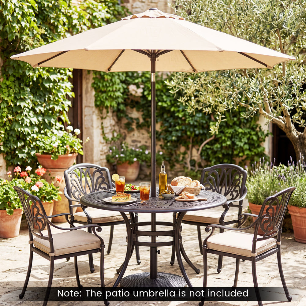 Concrete patio umbrella base with faux rattan pattern, designed for 8-9 ft umbrellas, ensuring stability and style.