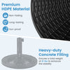Concrete patio umbrella base with rattan pattern, made of HDPE material, weighs 21 lbs for enhanced stability.