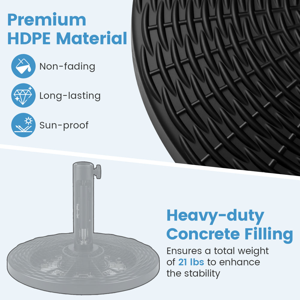 Concrete patio umbrella base with rattan pattern, made of HDPE material, weighs 21 lbs for enhanced stability.