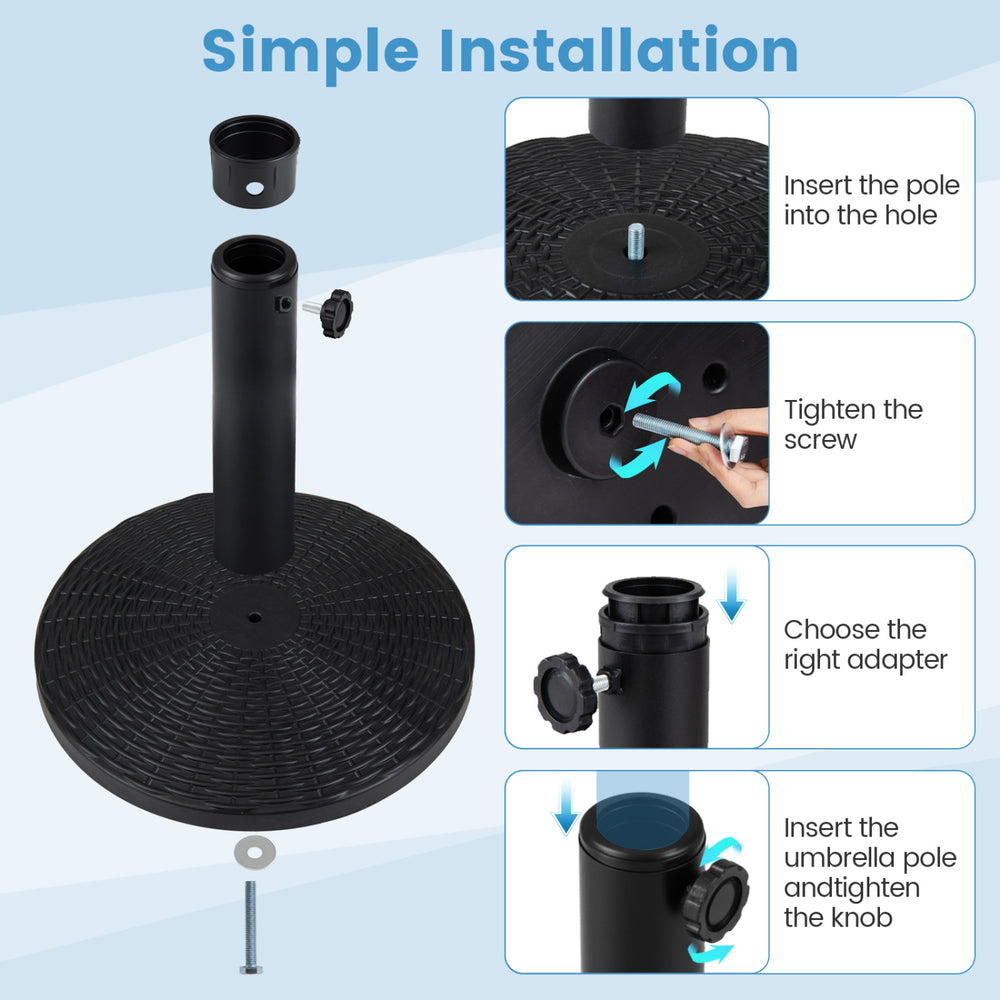 Concrete patio umbrella base with rattan pattern, featuring adjustable knob and stabilizer for 8-9 ft umbrellas.