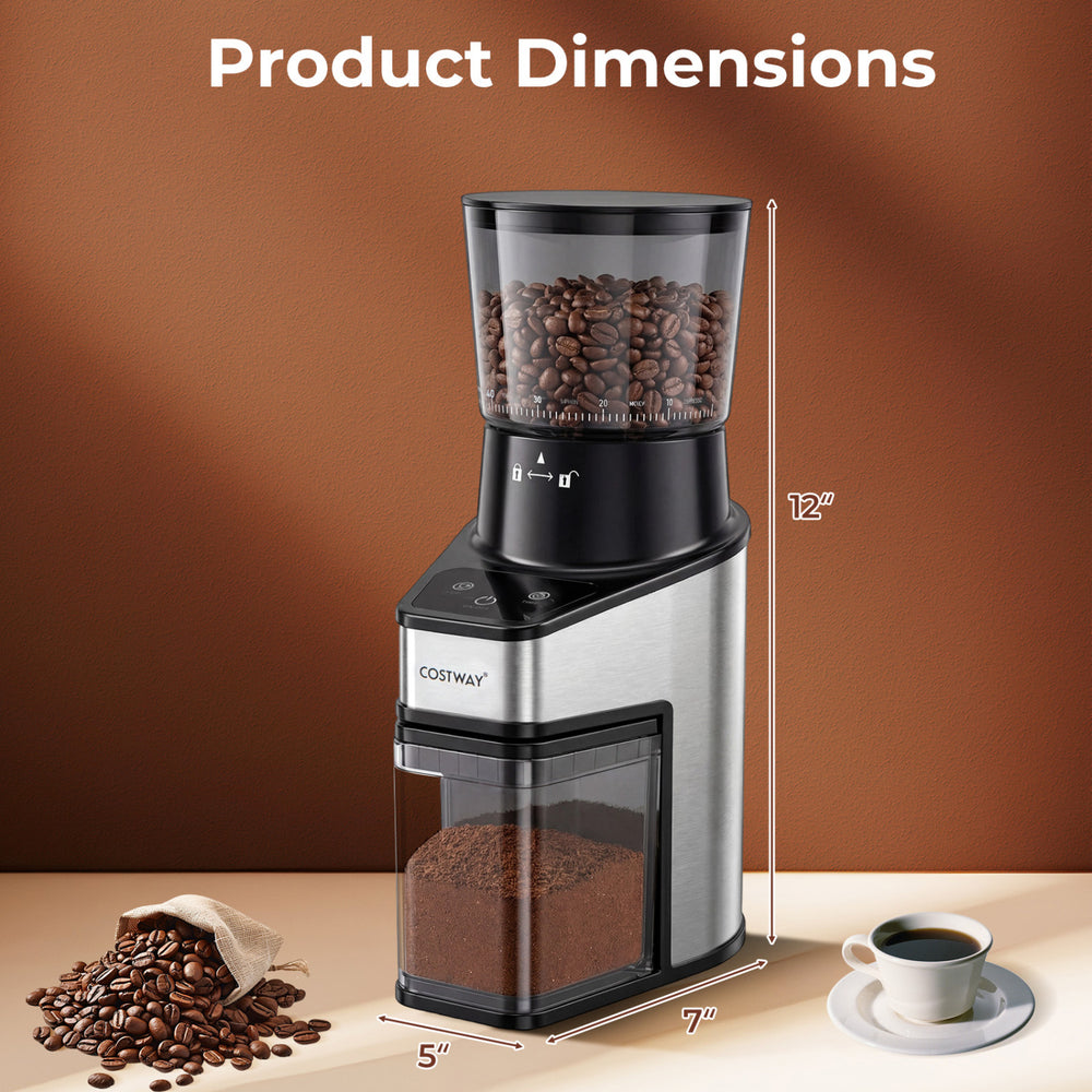 Conical burr coffee grinder in silver with digital display, measuring 12" tall and 7" wide, ideal for precise grinding.
