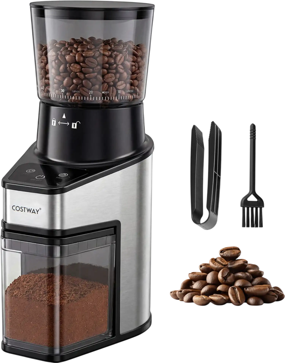 Conical burr coffee grinder in silver with digital display and 60 grinding settings for precise coffee preparation.