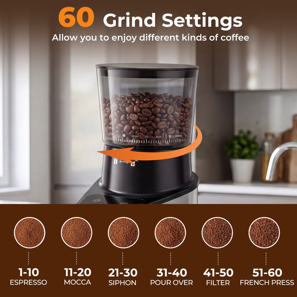 Conical burr coffee grinder in silver with 60 grind settings for versatile coffee preparation and digital display.