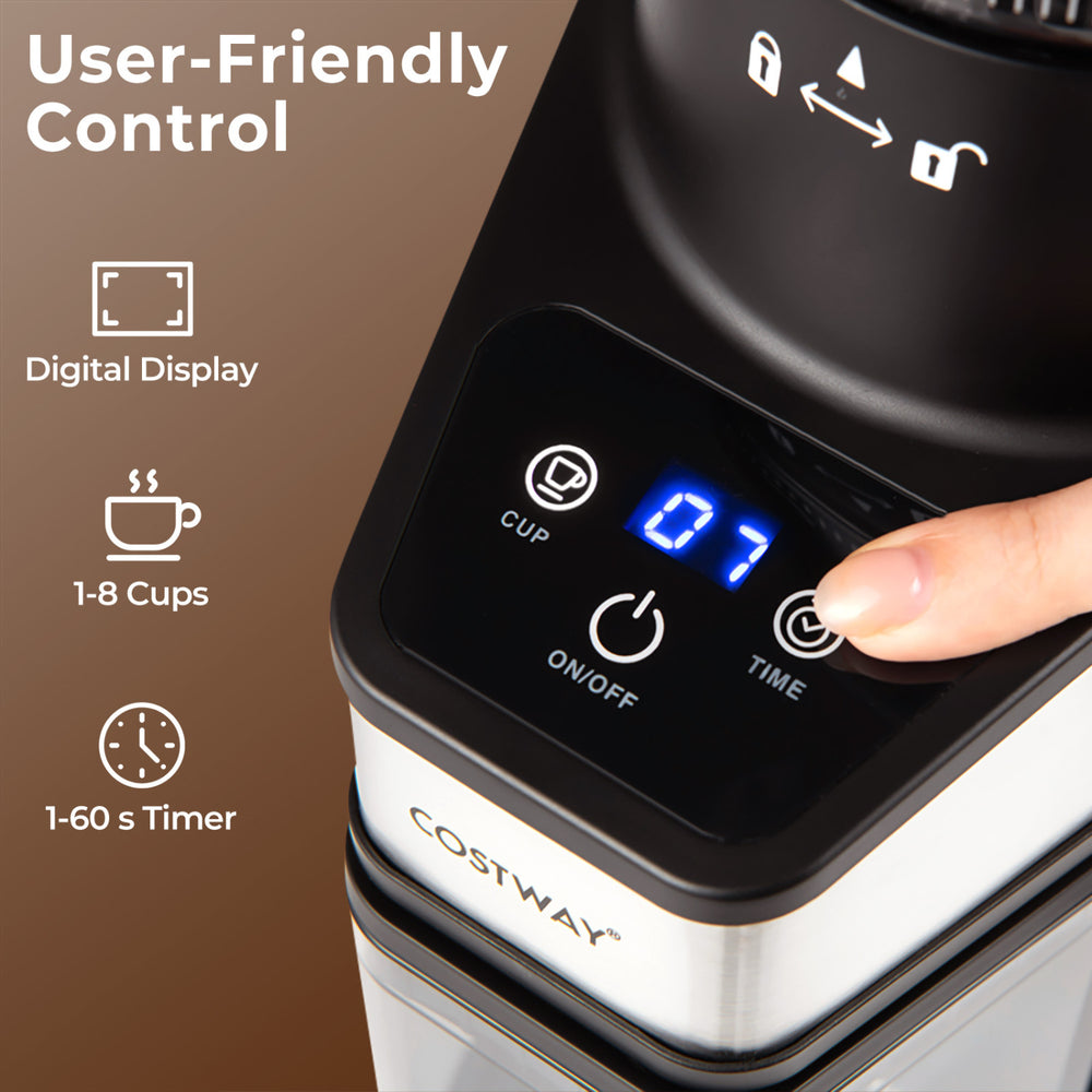 Conical burr coffee grinder control panel showing digital display, timer, and cup settings for 1-8 cups.