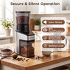 Conical burr coffee grinder in silver with digital display, featuring 60 grinding settings for precise coffee.