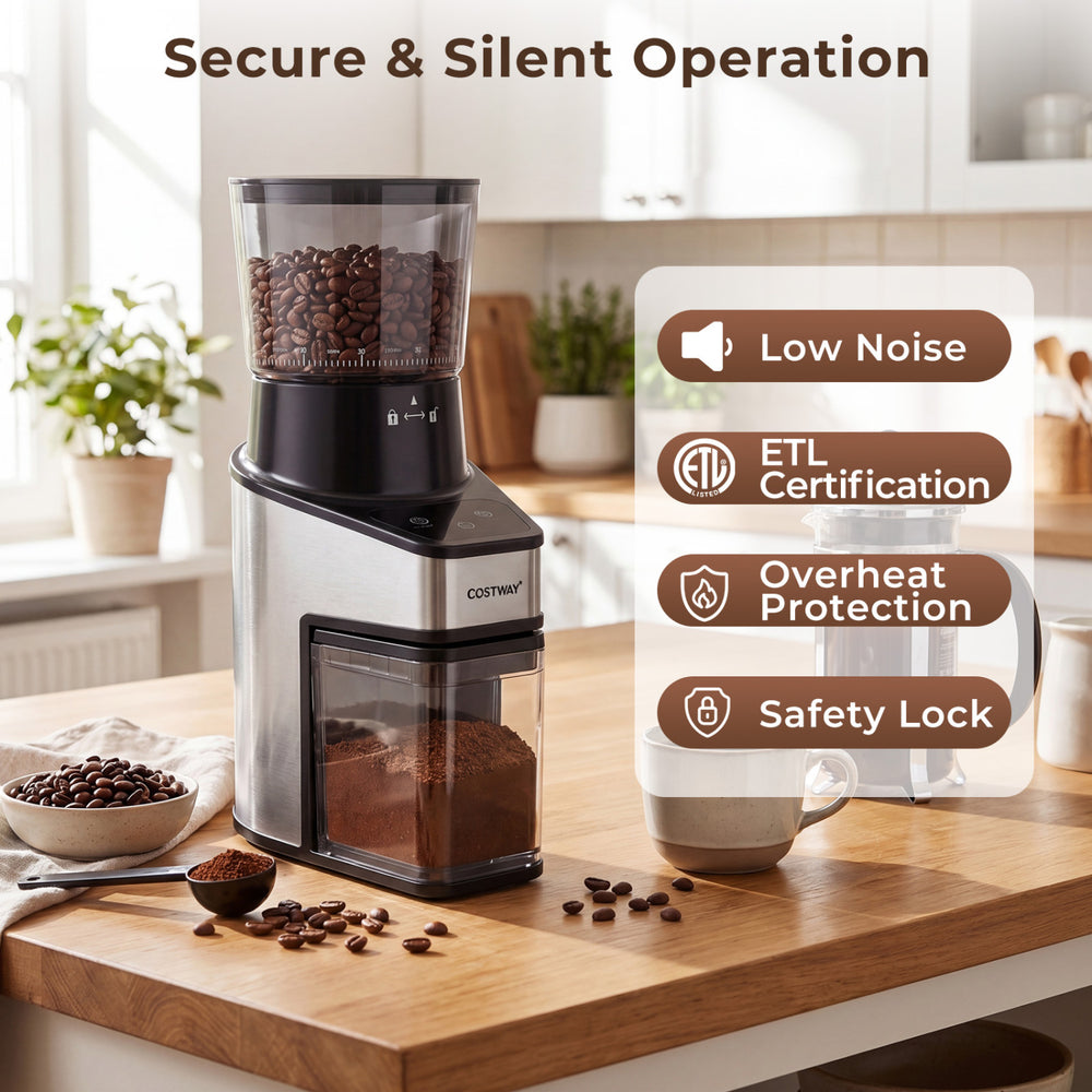 Conical burr coffee grinder in silver with digital display, featuring 60 grinding settings for precise coffee.