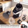 Conical burr coffee grinder in silver with detachable components and cleaning brush for easy maintenance.