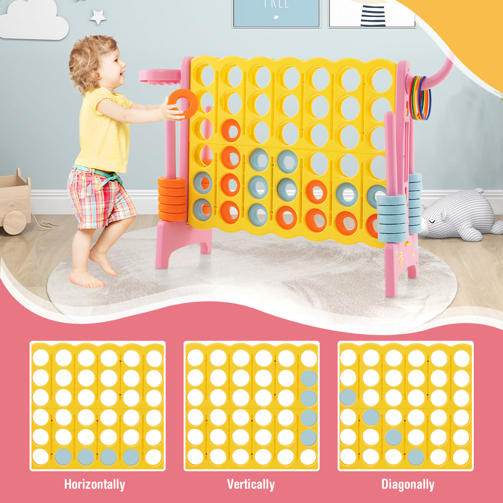 Colorful 4-in-a-Row Connect Game in pink, featuring basketball hoop and toss rings, perfect for indoor and outdoor fun.