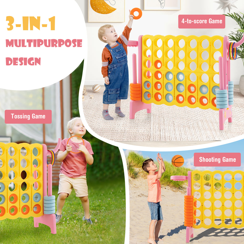 4-in-a-row connect game in pink featuring basketball hoop and toss rings, perfect for indoor and outdoor fun.