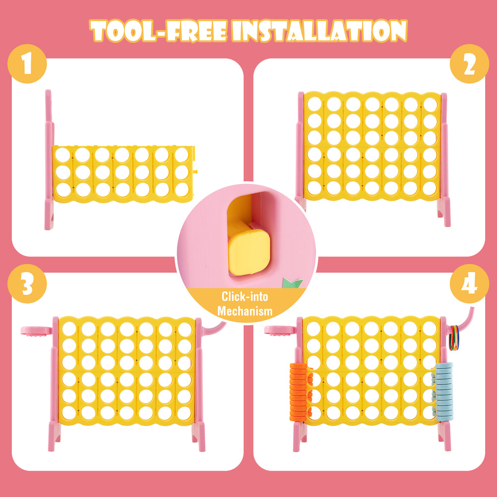 Colorful 4-in-a-Row Connect Game with basketball hoop, featuring tool-free installation and durable BPA-free materials.