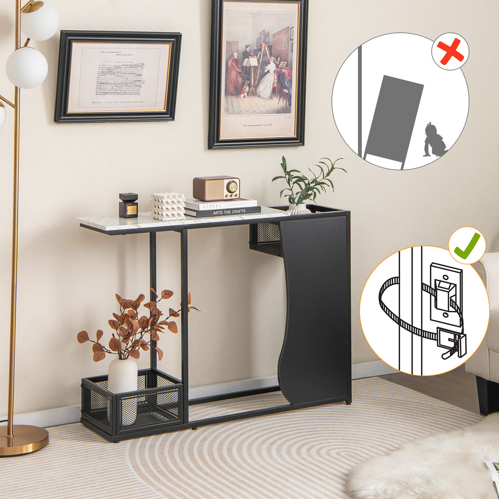 Console table with faux marble top and plant positions, featuring a black powder-coated metal frame for stability.