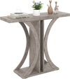 Rectangular gray console table with geometric frame, ideal for entryways, featuring ample storage for decor and plants.