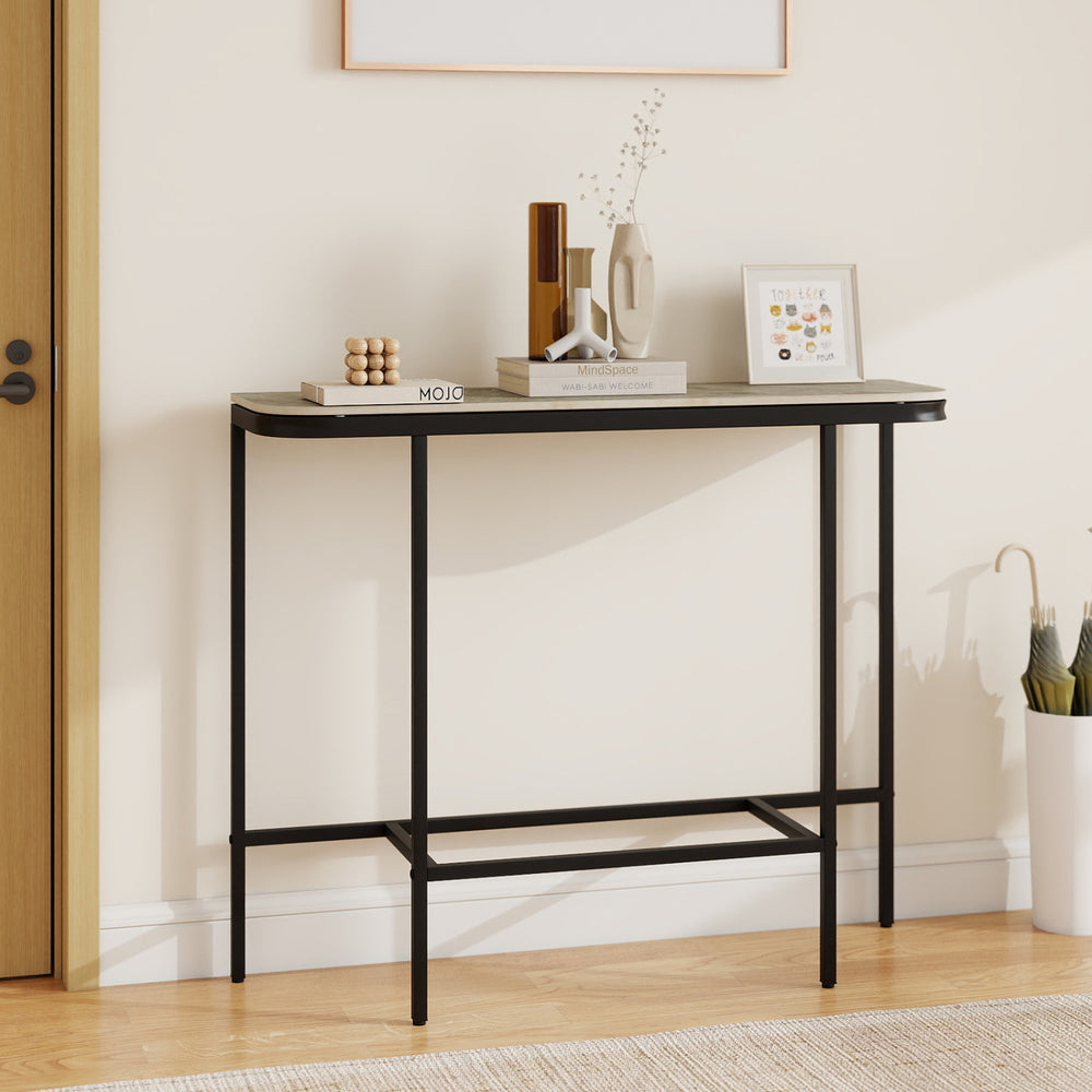 Console table with gray faux marble tabletop and heavy-duty metal frame, perfect for entryways and hallways.