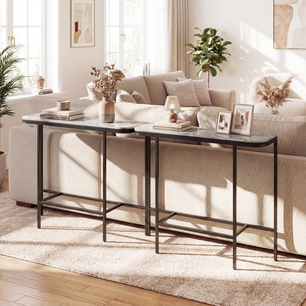 Console table with gray faux marble tabletop and heavy-duty metal frame, perfect for entryways or living rooms.