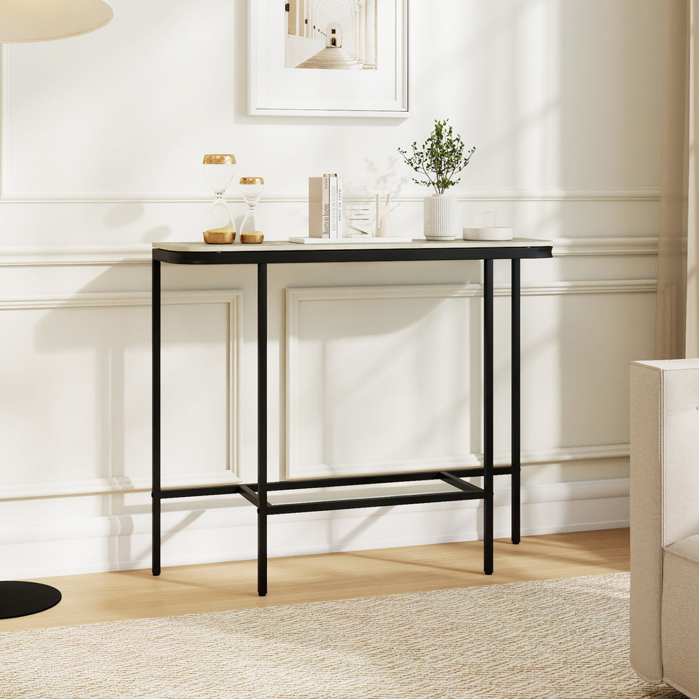 Console table with gray faux marble tabletop and heavy-duty metal frame, ideal for entryways and living rooms.