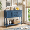 Blue console table with two drawers, two door cabinets, and a bottom storage shelf for stylish home organization.