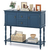 Console table in blue with 2 drawers, 2 door cabinets, and bottom storage shelf, perfect for living room organization.