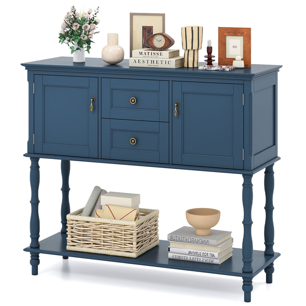 Console table in blue with 2 drawers, 2 door cabinets, and bottom storage shelf, perfect for living room organization.